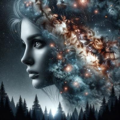 The primary subject of the image is a woman's face, which is the main focus of the image. The setting is a night sky, with the woman's face surrounded by stars. The visual style is a digital art or illustration, creating a surreal and dreamy atmosphere. The colors are predominantly dark, with the stars providing a contrasting brightness.